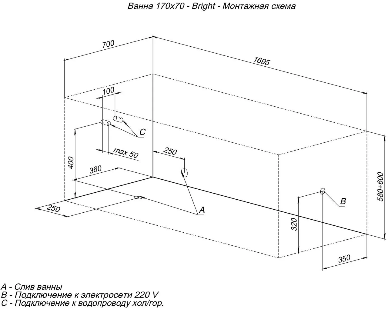 картинка Акриловая ванна Aquanet Bright 170x70 