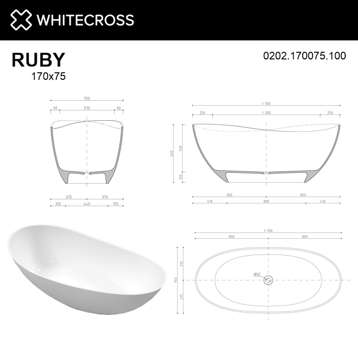 картинка Ванна WHITECROSS Ruby 170x75 белый глянец иск. камень 