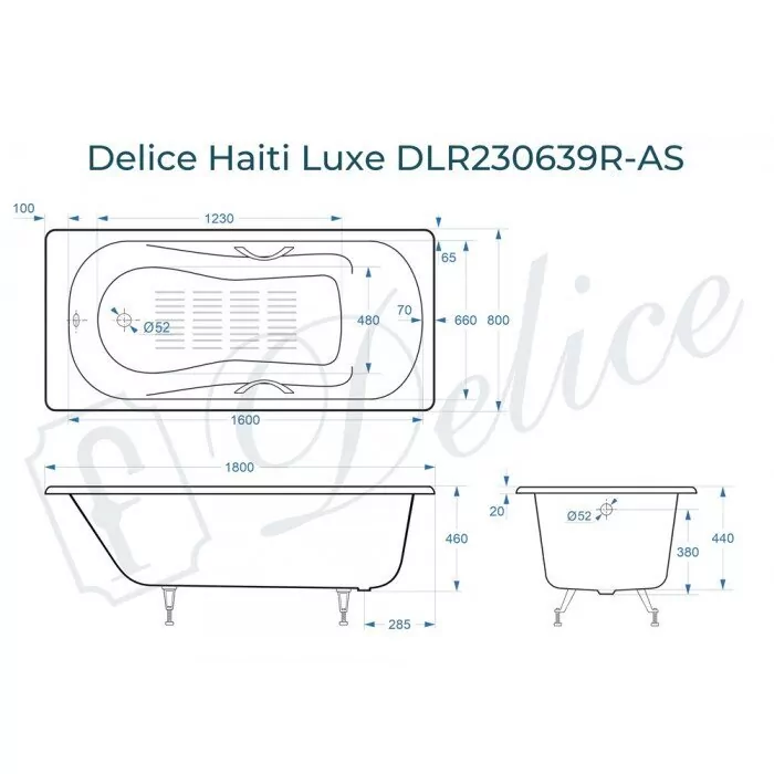 картинка Ванна чугунная Delice Haiti Luxe 180х80 с отверстиями под ручки и антискользящим покрытием DLR230639R-AS с ножками и переливом DLR000017 