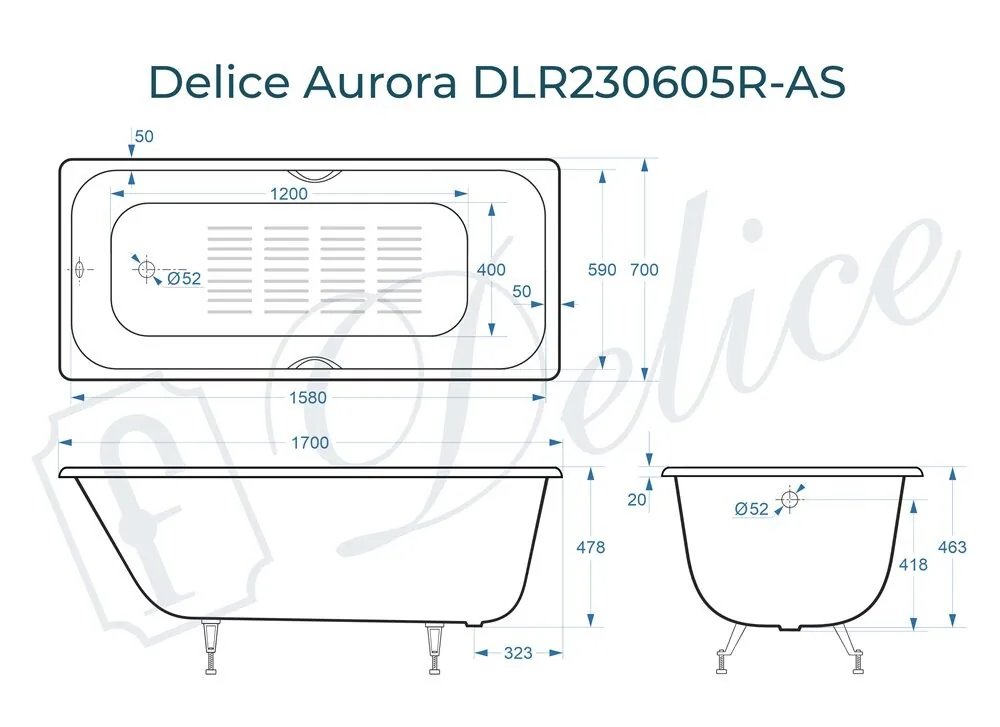 картинка Ванна чугунная Delice Aurora 170х70 с отверстиями под ручки и антискользящим покрытием DLR230605R-AS 
