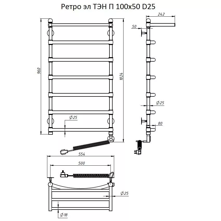 картинка Полотенцесушитель Тругор Ретро эл ТЭН П 100*50 (ЛЦ33 нов) D25 (Ретро/элТЭН10050 D25 П) 