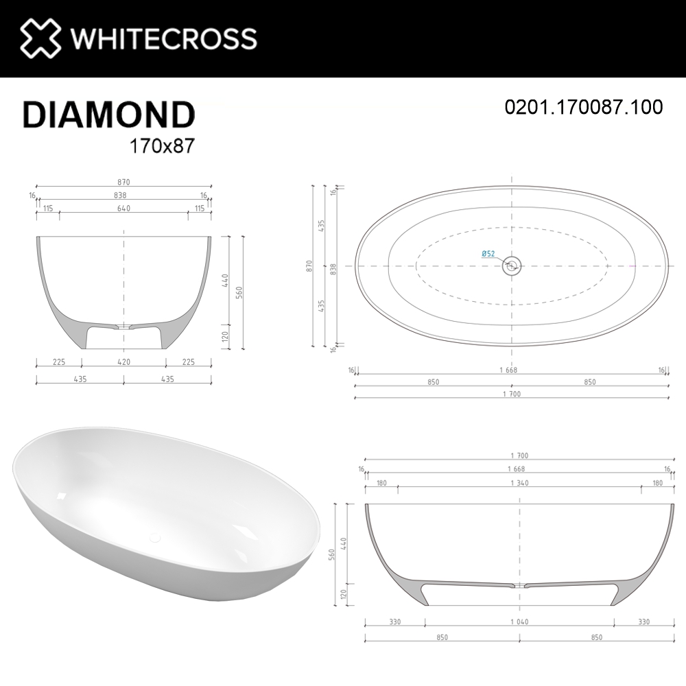 картинка Ванна WHITECROSS Diamond 170x87 белый глянец иск. камень 