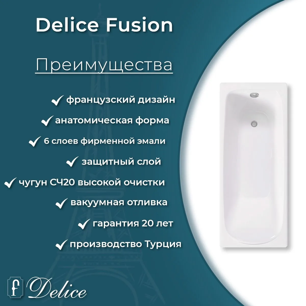 картинка Ванна чугунная Delice Fusion 170х70 с отверстиями под ручки DLR230647R 