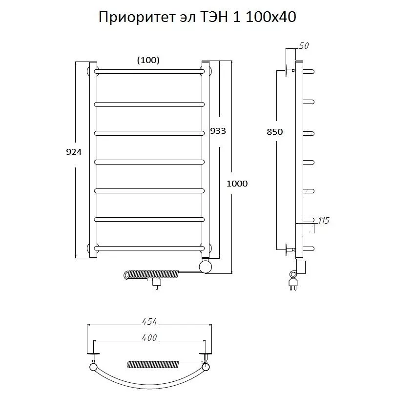 картинка Полотенцесушитель Тругор Приоритет эл ТЭН 1 100*40 (ЛЦ2) (Приоритет1/элТЭН10040) 