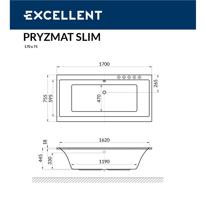 картинка Ванна EXCELLENT Pryzmat Slim 170x75 RELAX хром 