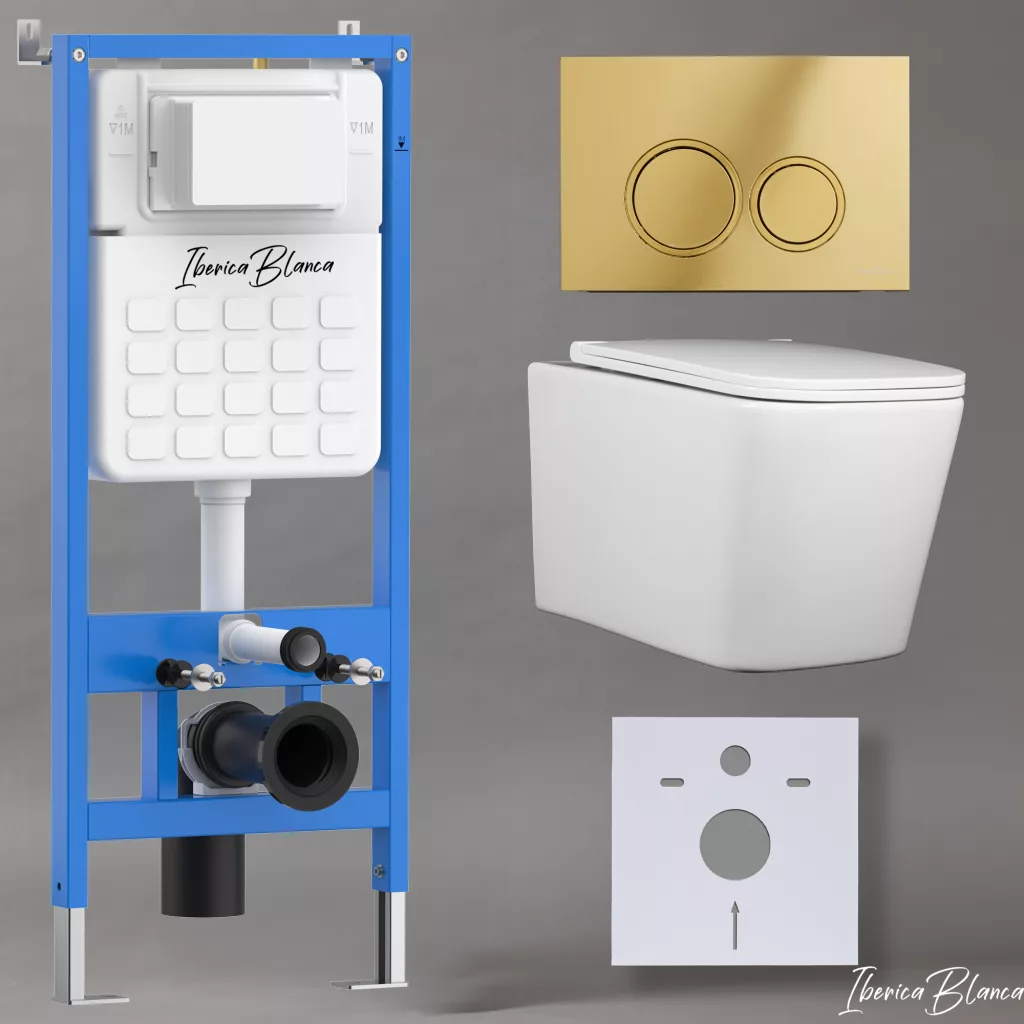 картинка Комплект 3 в 1 IBERICA BLANCA инсталляция с унитазом TOLEDO ALTO IB.TLA.231.1B1 клавишей шампань-золото глянцевый ESTI-O IB.B082.006.001 