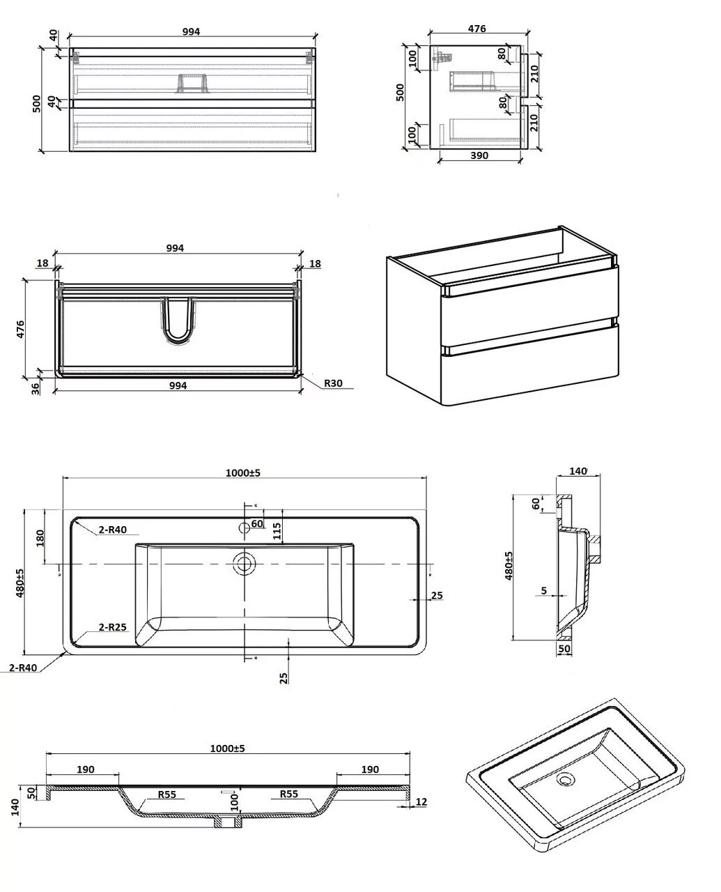 фото Тумба PARLY Spa Gucci100 подвесная с раковиной 1000x480x550 