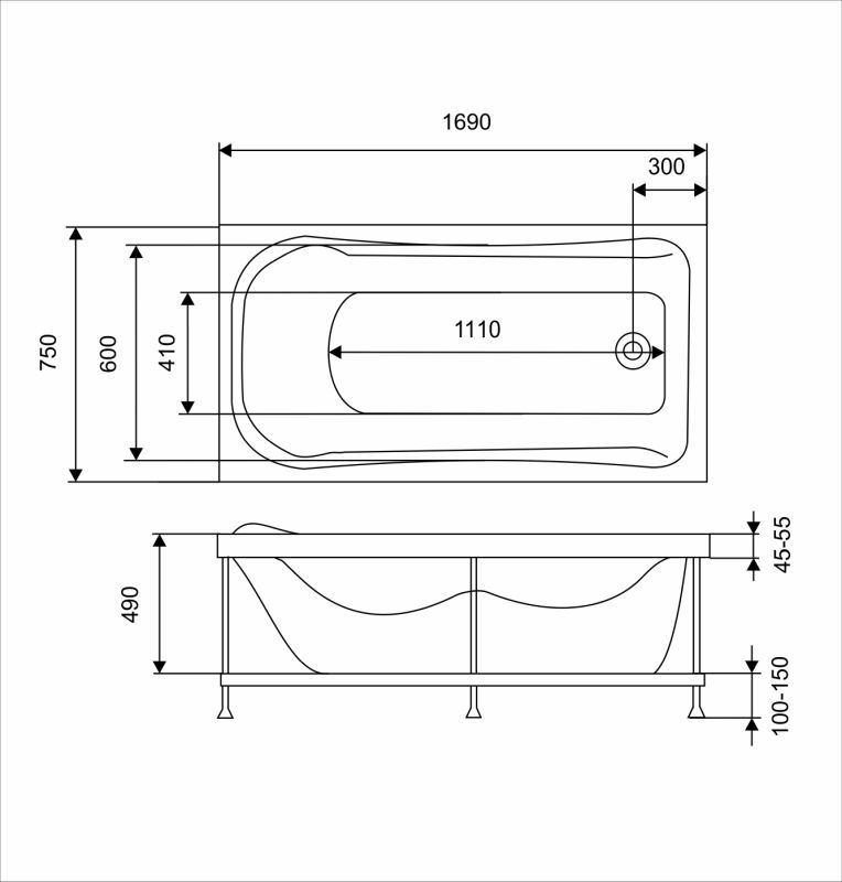 картинка Акриловая ванна Eurolux AKRA 170x75 с каркасом и экраном 