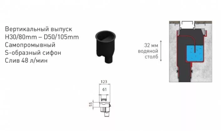 картинка Желоб водосток BERGES B1 Antik 900, хром глянец, вертикальный выпуск S-сифон D50/105мм H30/80мм 