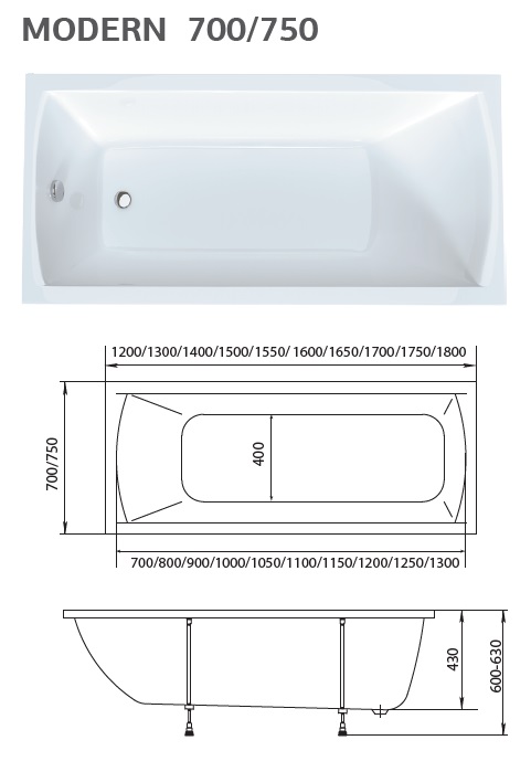 картинка Ванна Marka One MODERN 120x70 с каркасом и слив-переливом 