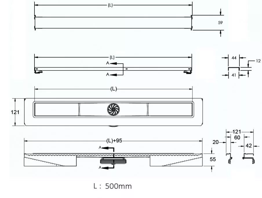 картинка Желоб водосток BERGES C1 Brise 500, матовый хром, вертикальный выпуск S-сифон D50/105мм H30/80мм 