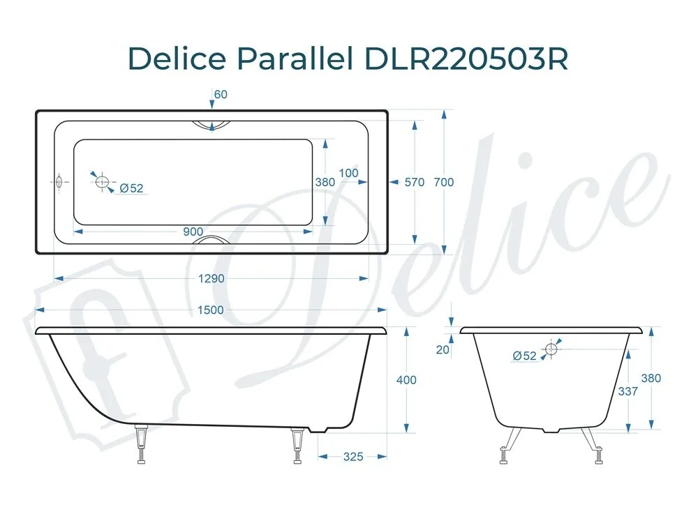 картинка Ванна чугунная Delice Parallel 150х70 с ручками DLR220503R 