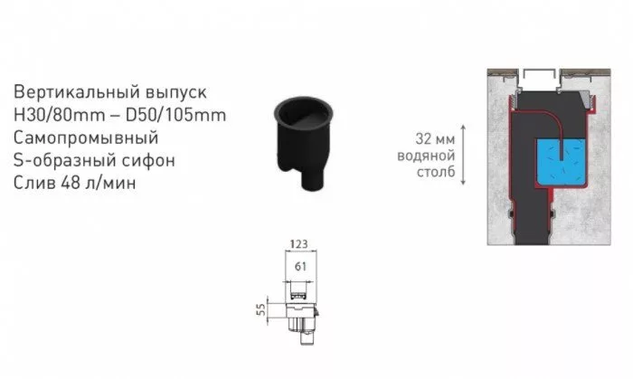 картинка Желоб водосток BERGES B1 Antik 800, матовый хром, вертикальный выпуск S-сифон D50/105мм H30/80мм 