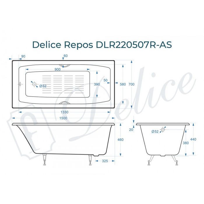 картинка Ванна чугунная Delice Repos 1500х700 с ручками, ножками и антискользящим покрытием 
