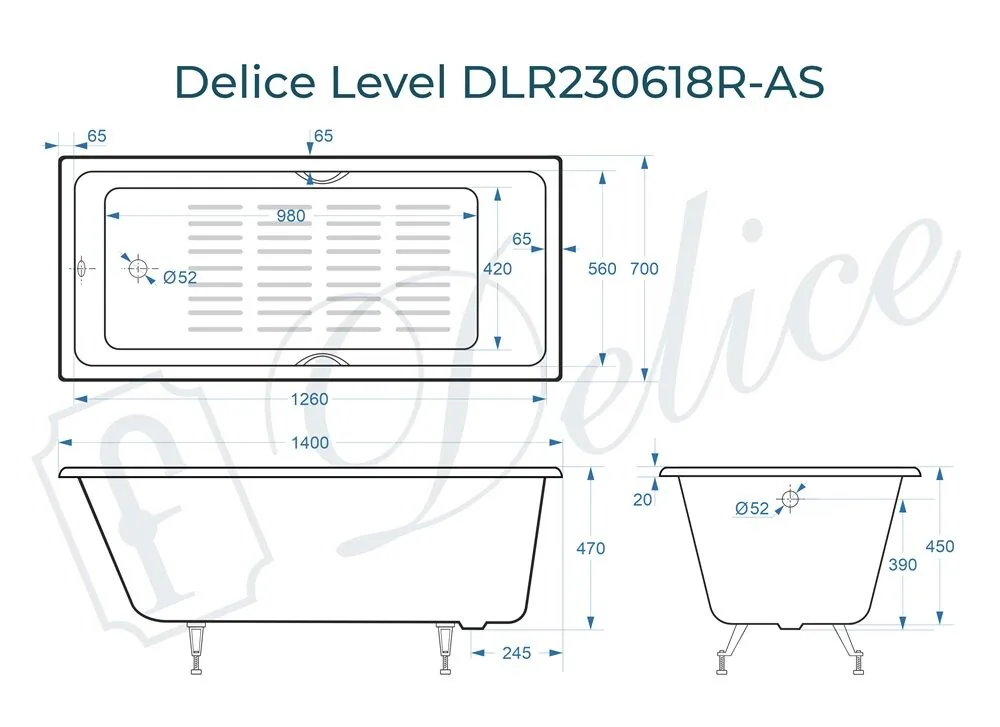 картинка Ванна чугунная Delice Level 140х70 с отверстиями под ручки и антискользящим покрытием DLR230618R-AS 