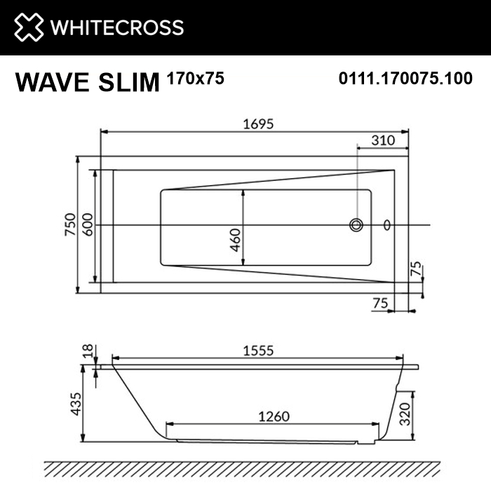 картинка Ванна WHITECROSS Wave Slim 170x75 акрил с каркасом MR-02 