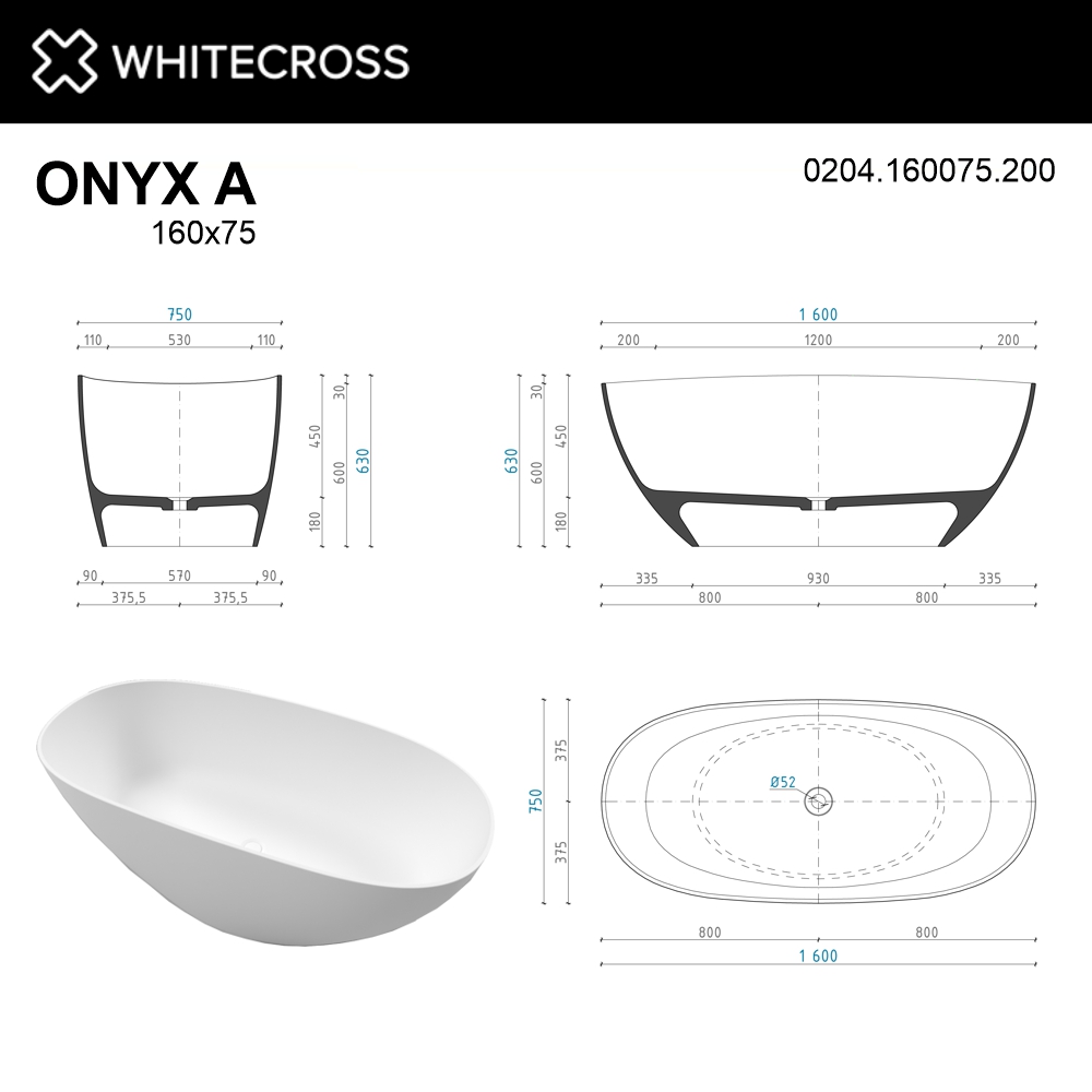 картинка Ванна WHITECROSS Onyx A 160x75 белый мат иск. камень 