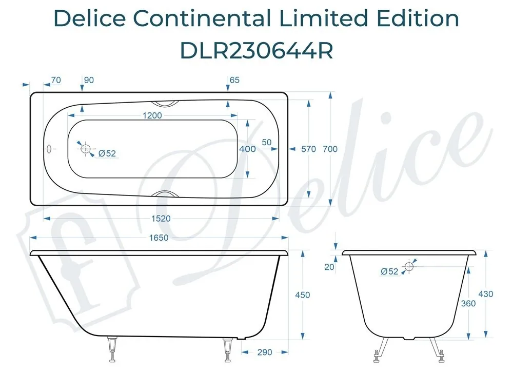 картинка Ванна чугунная Delice Continental Limited Edition 165х70 с отверстиями под ручки DLR230644R 