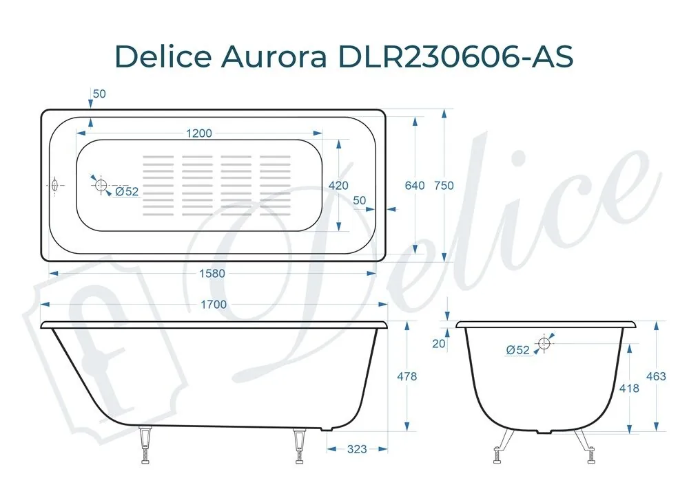 картинка Ванна чугунная Delice Aurora 170х75 с антискользящим покрытием DLR230606-AS 
