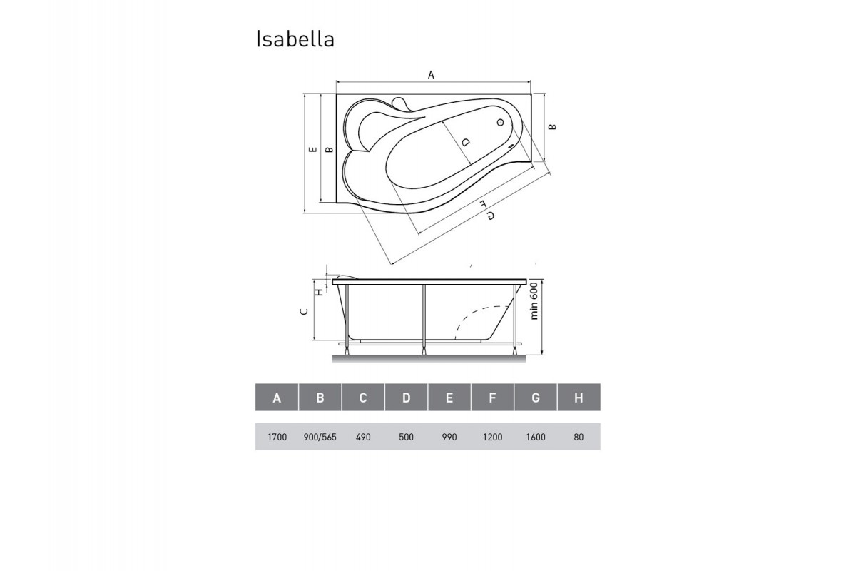 картинка Акриловая ванна Relisan Isabella L 170x90 