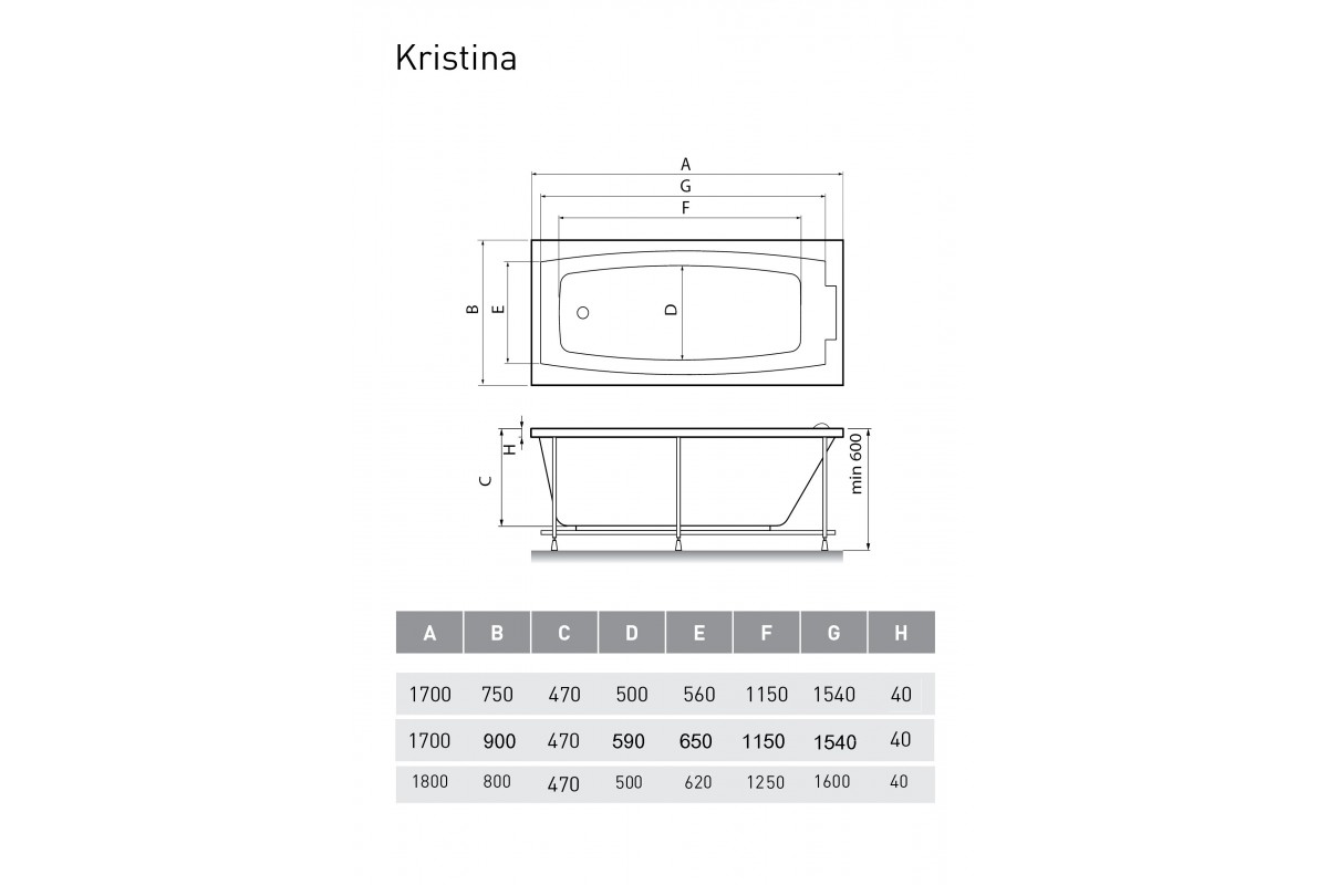 картинка Акриловая ванна Relisan Kristina 170х90 с каркасом 