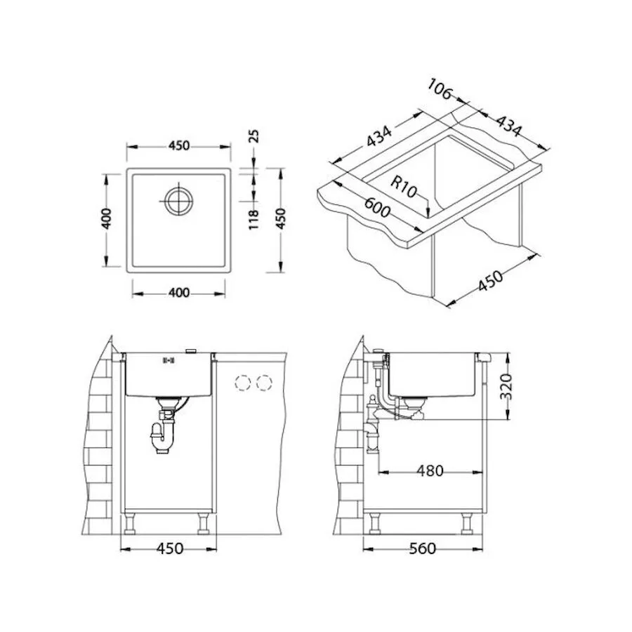 картинка Мойка Alveus QUADRIX 30 BRS-90 450 X 450 X 200 в комплекте с сифоном 