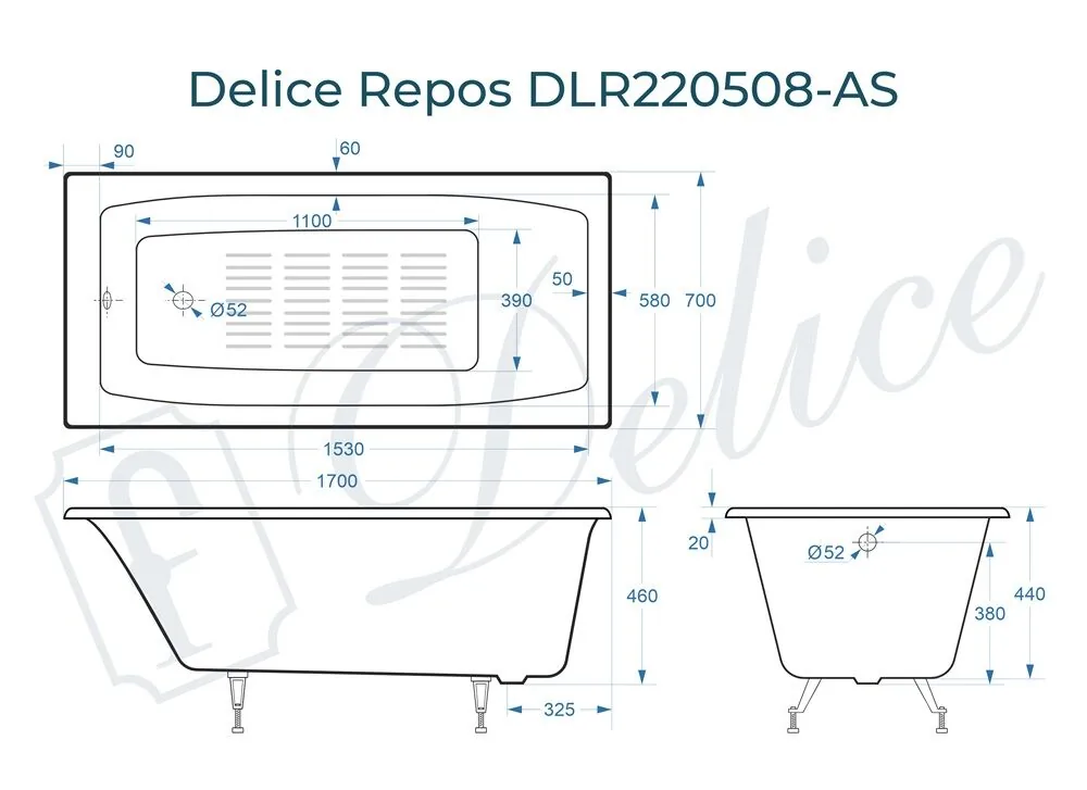 картинка Ванна чугунная Delice Repos 170х70 с антискользящим покрытием DLR220508-AS 