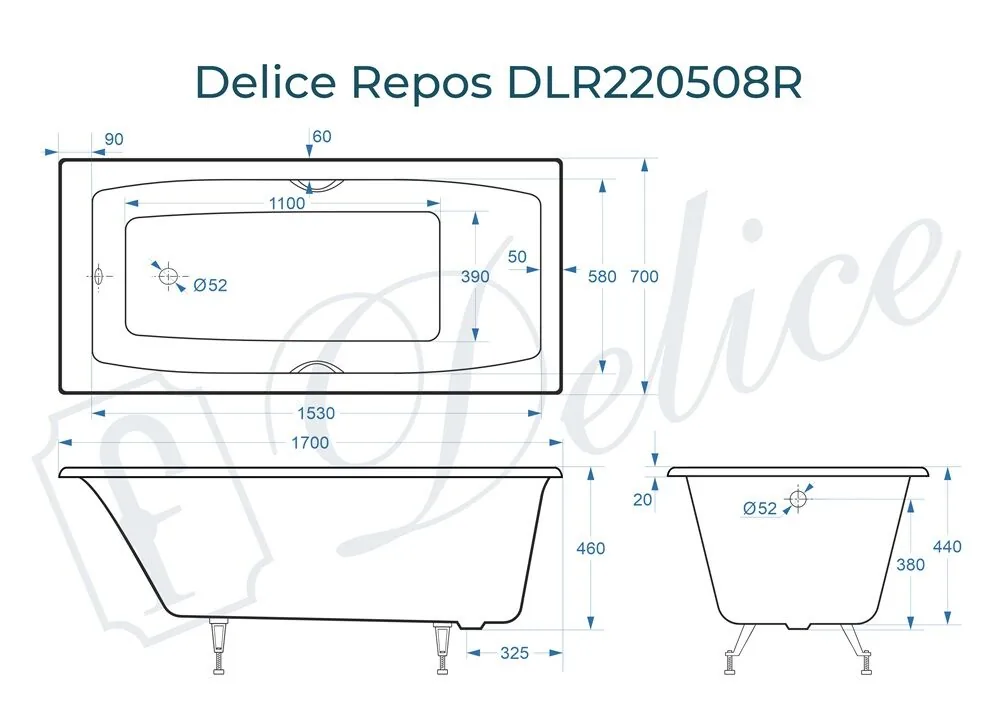 картинка Ванна чугунная Delice Repos 170х70 с ручками DLR220508R 