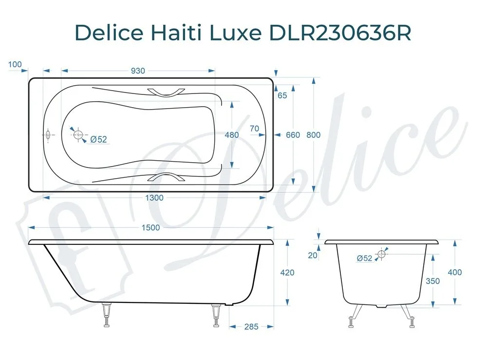 картинка Ванна чугунная Delice Haiti Luxe 150х80 с отверстиями под ручки DLR230636R 