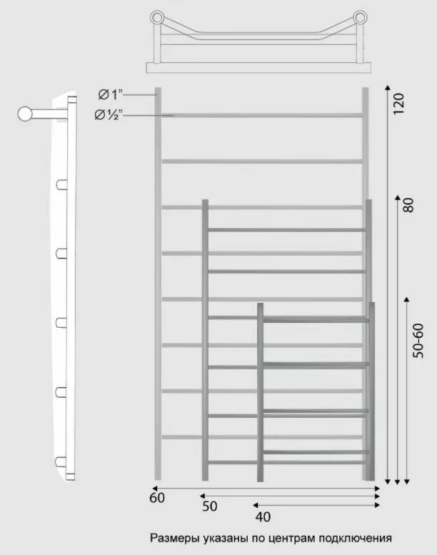 картинка Полотенцесушитель Двин FTE 50/40 Водяной полн.высота 60 см. / 1"-1/2" К2 выход 1" слева Состаренная бронза (4627169560730) 