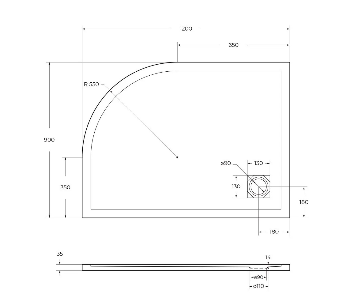 фото Душевой поддон из искусственного мрамора с сифоном BelBagno UNO TRAY-MR-UNO-RH-120/90-550-35-W-L-BO 