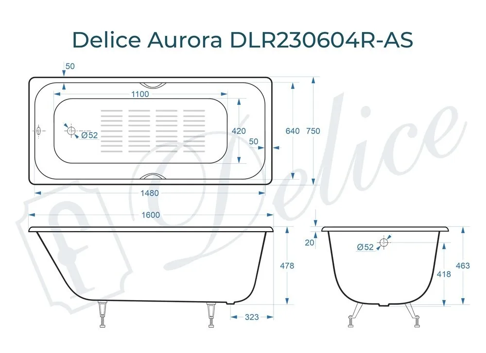 картинка Ванна чугунная Delice Aurora 160х75 с отверстиями под ручки и антискользящим покрытием DLR230604R-AS 