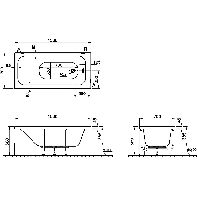 картинка Ванна VitrA Optimum Neo 150x70 с ножками и сифоном 