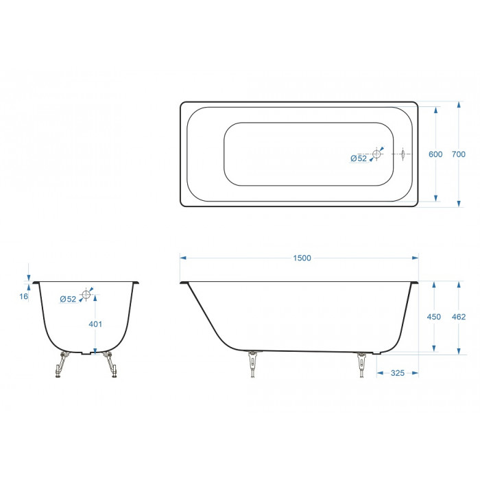картинка Ванна чугунная Delice Aurora 1500х700 с ножками и ручками DLR000013 бронза 