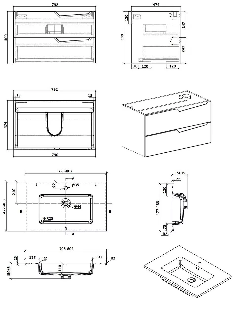 фото Тумба PARLY Spa Rhea80 подвесная с раковиной 800x480x550 