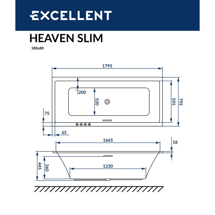 картинка Ванна EXCELLENT Heaven Slim 180x80 с каркасом MR-02 