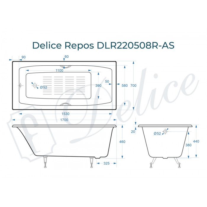 картинка Ванна чугунная Delice Repos 1700х700 с ручками, ножками и антискользящим покрытием 