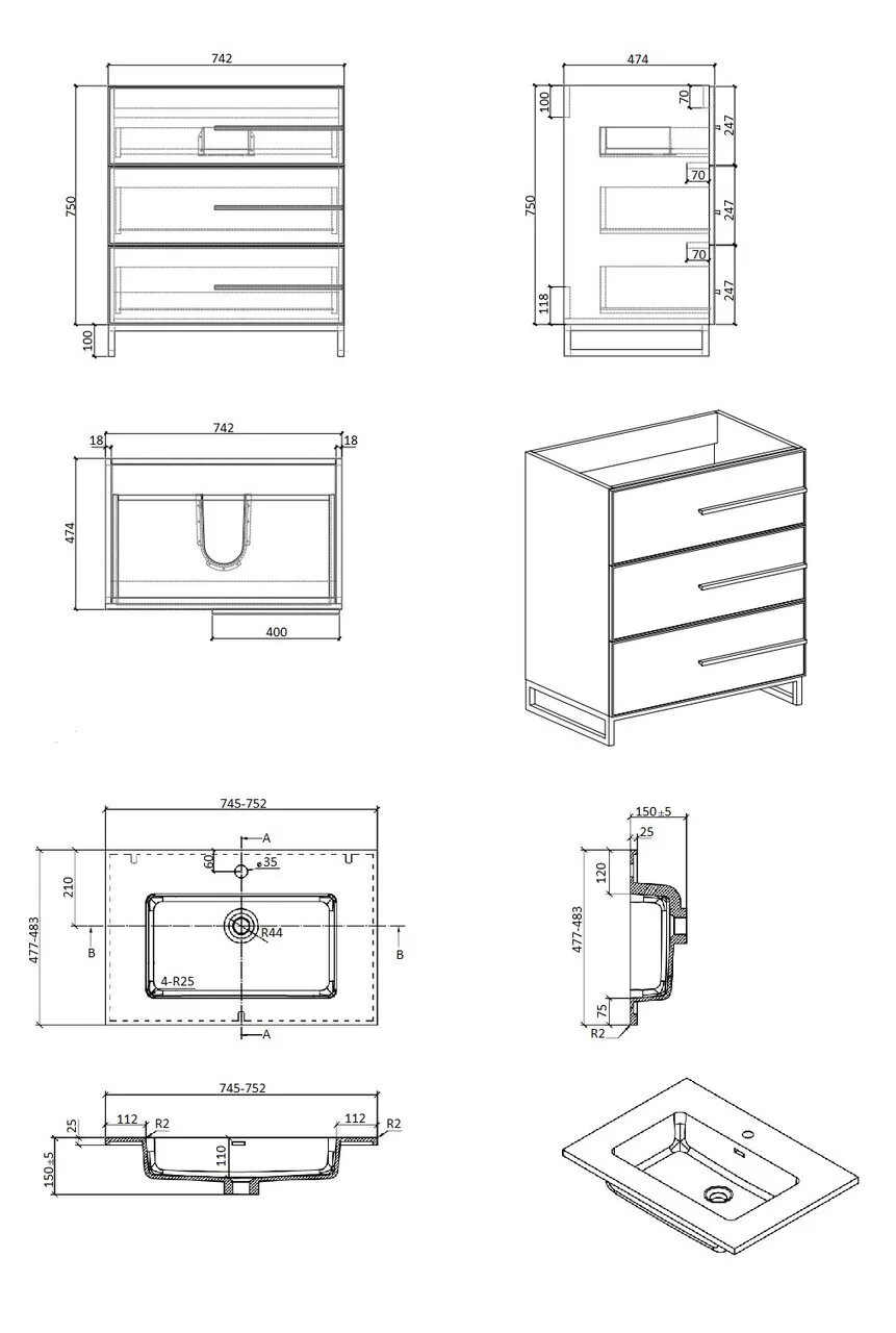 фото Тумба PARLY Spa Bella-T75 напольная с раковиной 750x480x775 