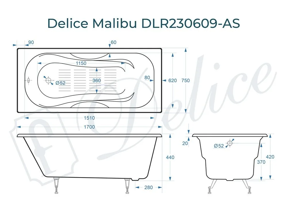 картинка Ванна чугунная Delice Malibu 170х75 с антискользящим покрытием DLR230609-AS 