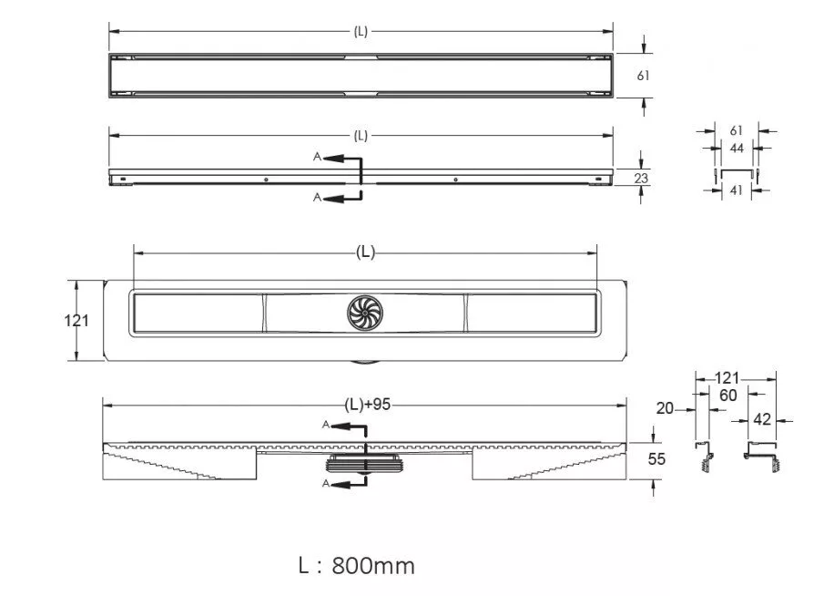 картинка Желоб водосток BERGES B1 Antik 800, матовый хром, вертикальный выпуск S-сифон D50/105мм H30/80мм 