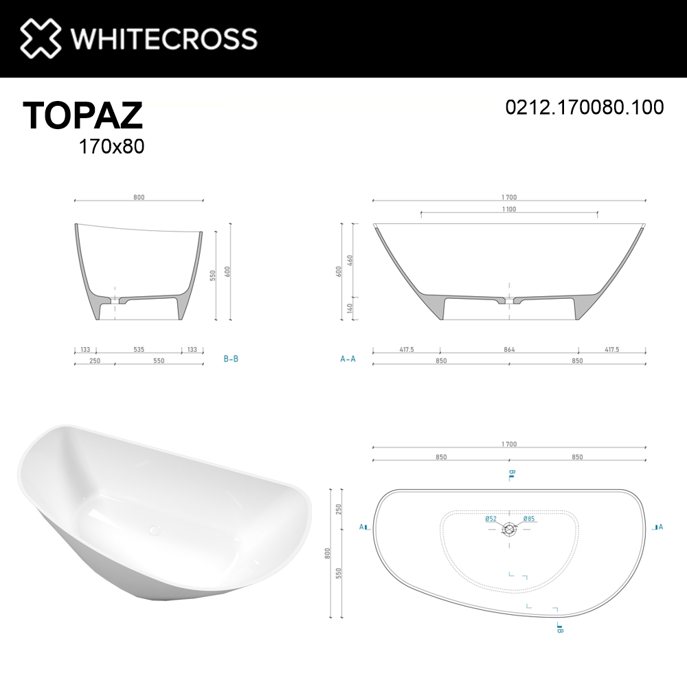 картинка Ванна WHITECROSS Topaz 170x80 белый глянец иск. камень 