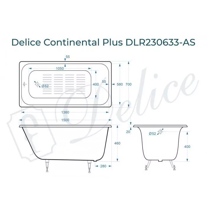картинка Ванна чугунная Delice Continental PLUS 150х70 с антискользящим покрытием с ножками и переливом DLR000017 