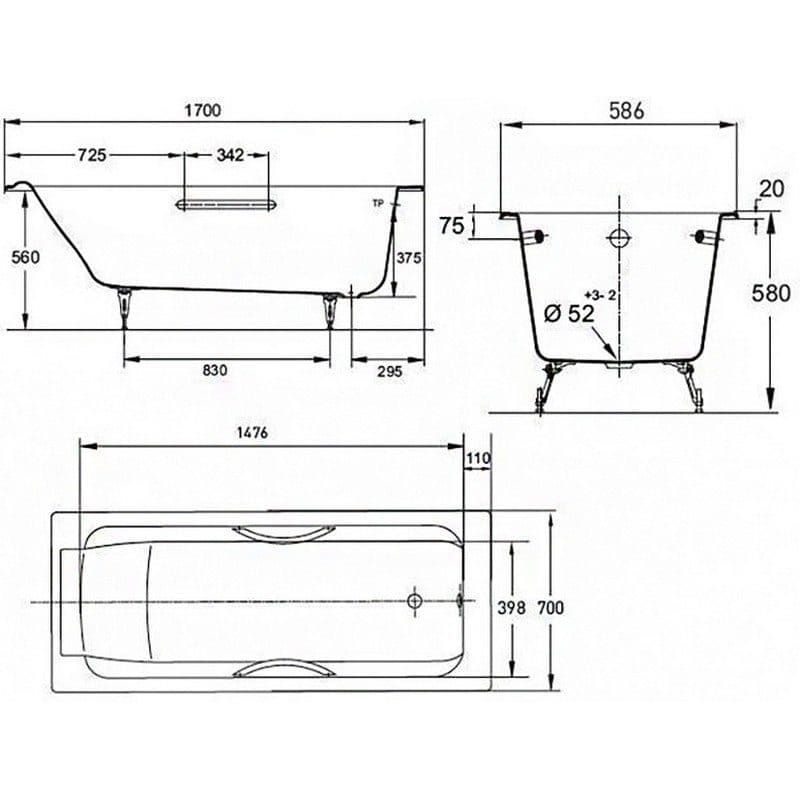 картинка Чугунная ванна Jacob Delafon Parallel 170x70 с ножками E4113-NF и слив-переливом E6D159-CP хром 