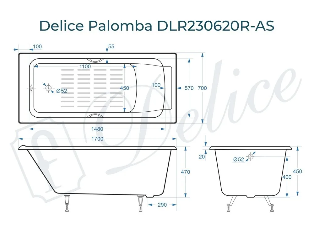 картинка Ванна чугунная Delice Palomba 170х70 с отверстиями под ручки и антискользящим покрытием DLR230620R-AS 