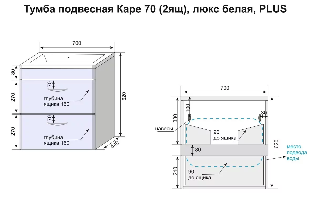 фото Тумба подвесная Style Line Каре 70 2 ящика Люкс белая PLUS 