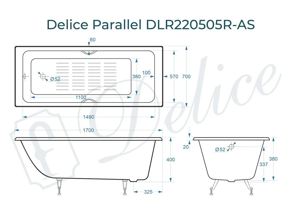 картинка Ванна чугунная Delice Parallel 170х70 с ручками и антискользящим покрытием DLR220505R-AS 