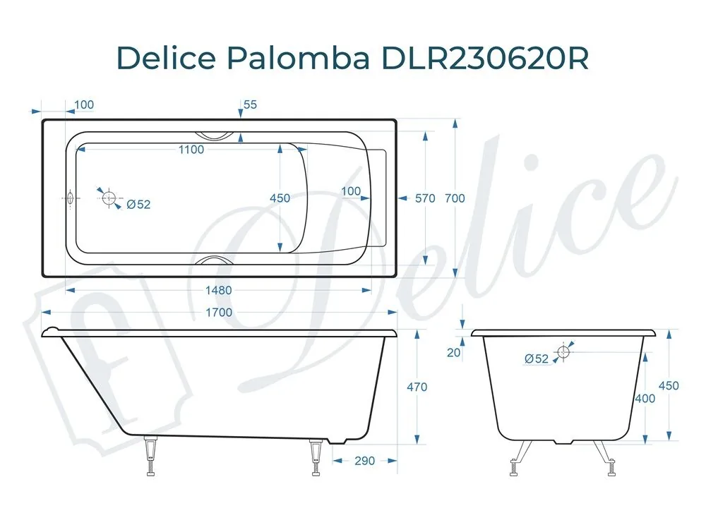 картинка Ванна чугунная Delice Palomba 170х70 с отверстиями под ручки DLR230620R 