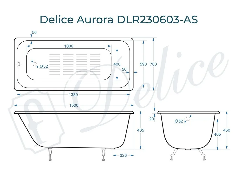 картинка Ванна чугунная Delice Aurora 150х70 с антискользящим покрытием DLR230603-AS 