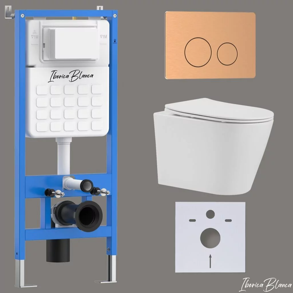 картинка Комплект 3 в 1 IBERICA BLANCA инсталляция с унитазом BURGOS ALTO IB.BRA.234.1B1 клавишей розовое золото матовый INOX-О IB.B081.007.002 