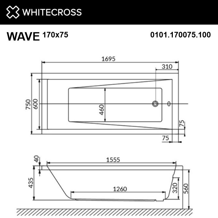 картинка Ванна WHITECROSS Wave 170x75 акрил с ножками NWT-50 